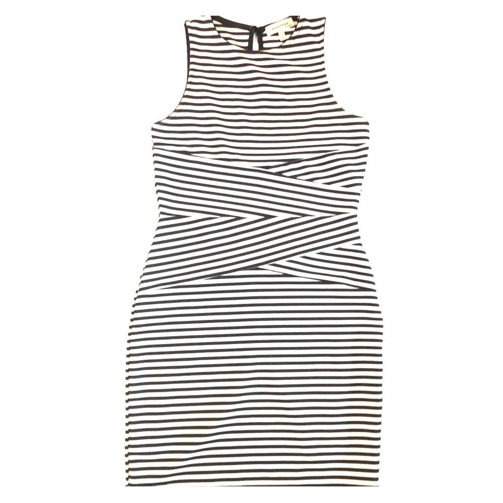 Black and white striped sheath dress.